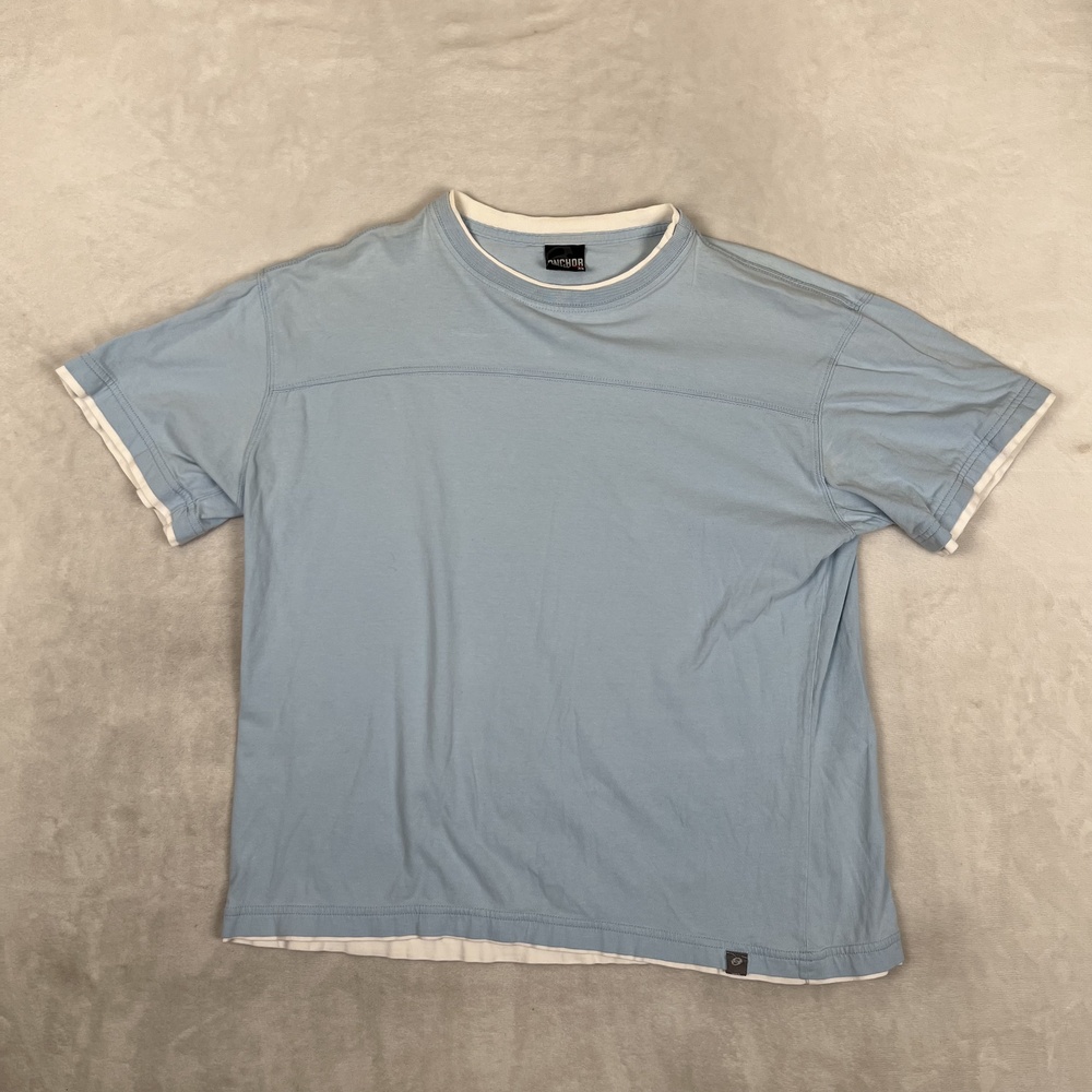 VTG Anchor Blue T-Shirt Mens XL Light Blue Ringer Made In USA Casual Tee Y2K